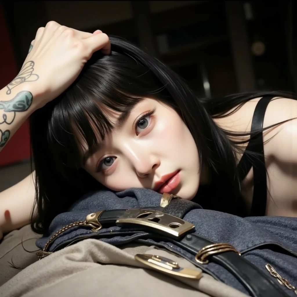 arafed woman com tatuagens laying on a man's back, alessio albi, ela tem cabelo preto com franja, charli bowater e artgeem, inspirado em Elsa Bleda, with pale skin, com tatuagens, pale skin, pale white skin, promotion still, jean deville, frank lily, por Galen Dara, arte promocional, tatuado, olhar sedutor, rosto bonito, 25 anos, 30 anos, olhos claros, coreana, sul coreana , garota coreana, jennie blackpink, jennie, coreana