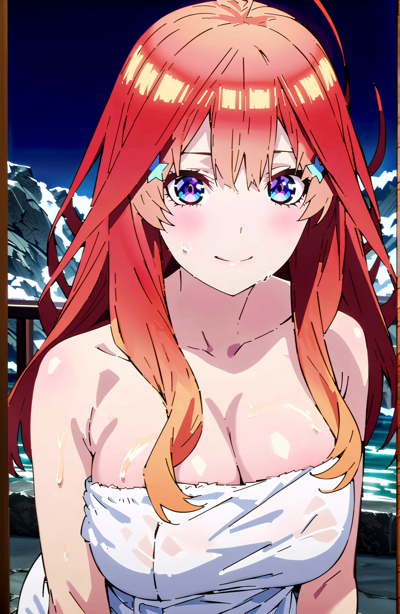 anime screenshot, Anime Coloring, 中野美moon,stupid hair, long hair, blue eyes, red hair,Big Breasts,cleavage,partially sunk, naked towel, exposes shoulders,wet hair,wet skin,wet towel,rock,snow,smile,blush,mouth,narrows her eyes,Wave,fence,night,moon,Hot Springsの中に座っている,in their 40s looking at viewer,全身
in their 40s outdoors,Hot Springs,
in their 40s (masterpiece:1.2), best quality, high resolution, Unity 8Kの壁紙, ( illustration :0.8), (beautiful detailed eyes:1.6), very detailed face, perfect lighting, very detailed CG, (perfect hand in h, perfect anatomy),