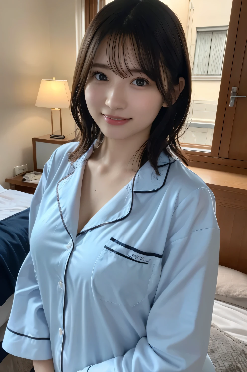 ((Highest quality)), ((masterpiece)), (detailed), Highest quality、Highest quality、8K quality、whole body、One Japanese woman、信じられないほどdetailedな顔、brown and light hair、Beautiful eyes with amazing details、Perfect breasts、Beautiful body、Fair skin、ponytail、2、Love hotel bed、(Thin and small silk side tie panties)、((Spread your legs 1.4))、((Medium Hair))、Lying in bed:1.7、Angle looking up from below:1.2,close:1.3,Embarrassed expression:1.7,Braiding、Look at this、Feel the expression、Please masturbate、(Really short, Nurse uniform with open collar and chest:1.2)、(Nurse Cosplay.2)
