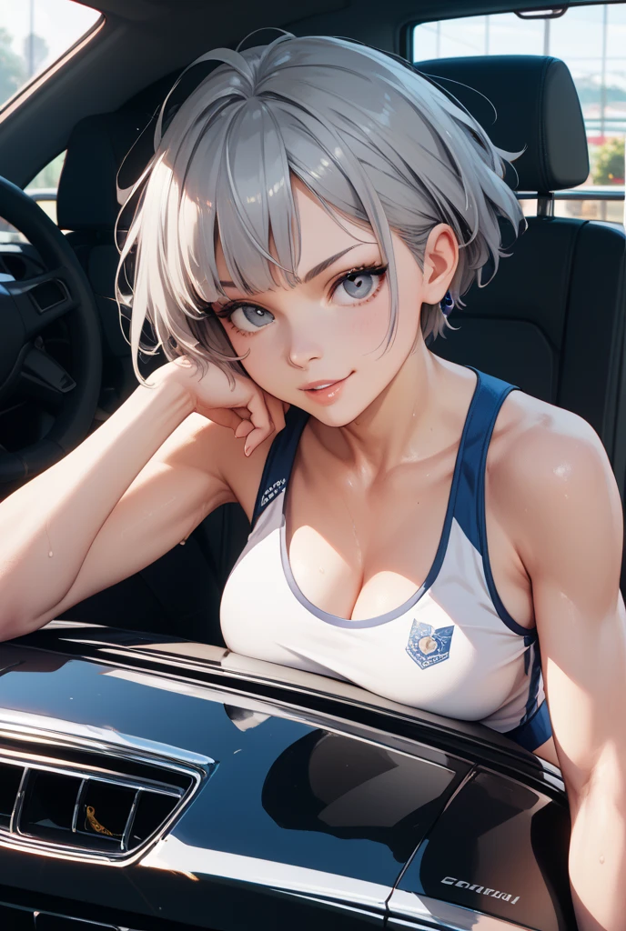 masterpiece, highest quality, Super detailed, shape,(1 girl),beautiful and detailed eyes, looking at the viewer, close, (focus on the chest), (turn your arms behind your back:1.2), (From above:1.1), long silver twintail hair,  (off shoulder:1.1), underwear,(light purple detailed lace lingerie)、break，（（Racetrack）），superＧＴ，ideal style，lace queen，detailed backgroundＲ35GTR，racing car，superカー