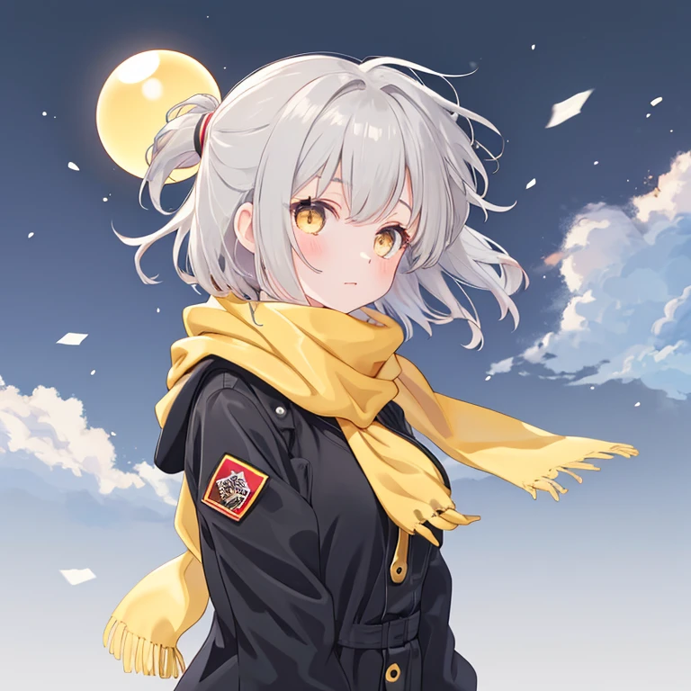 masterpiece,best quality,amazing quality,very aesthetic,absurdres,newest,  <lora:NKNK_NGRMS:1> ,NKNK_NGRMS_illu,1girl, solo, bandaid, white hair, dress, jacket, black eyes, multicolored hair, white dress, black hair, bandaid on leg, simple background, hair ornament,off shoulder, fur trim, orange jacket,autumn, autumn leaves, maple leaf, sun,soft_lighting