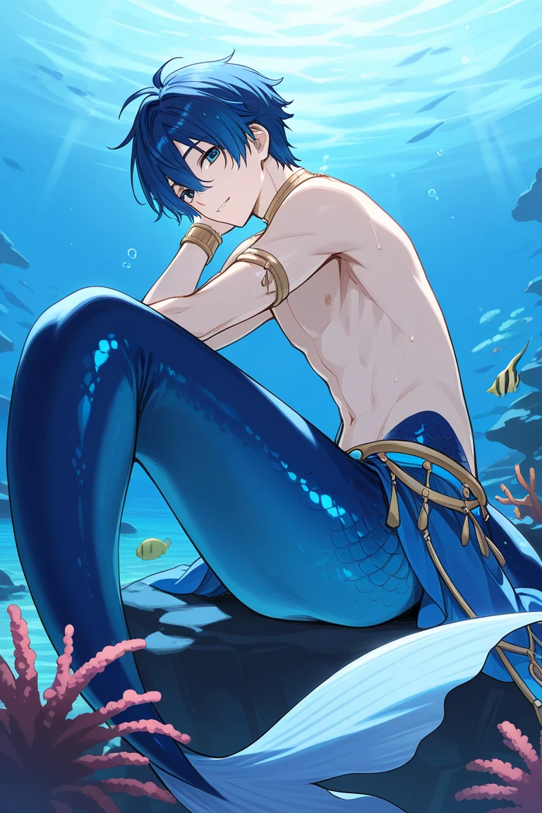 (merman men)、delicate、15 years old、sandy beach、sitting、wooden floor、indoor