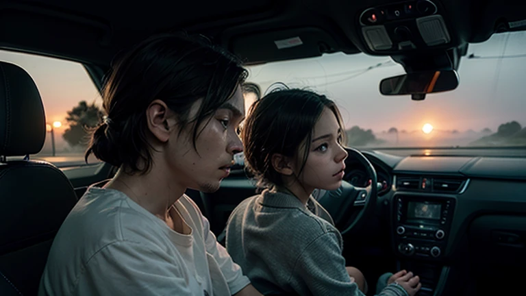 One man, one woman, arm around the neck, sleeping inside a car