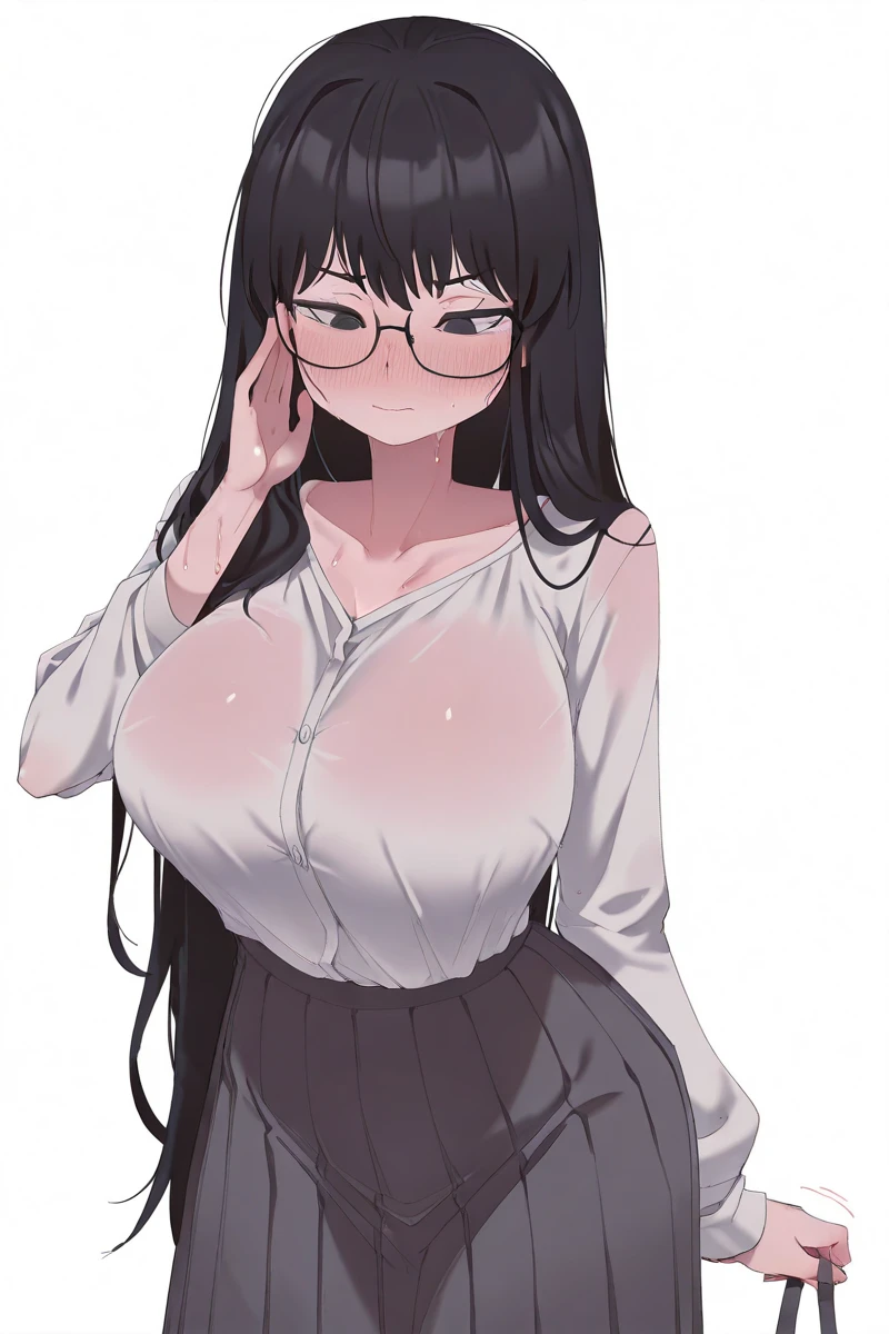 solo, adult lady, long hair, hair over one eye, wearing glasses, sleeveless and Turtle Neck Sweater, big breast, adjusting hair, holding a stack of papers in my chest, leaning forward, from front,