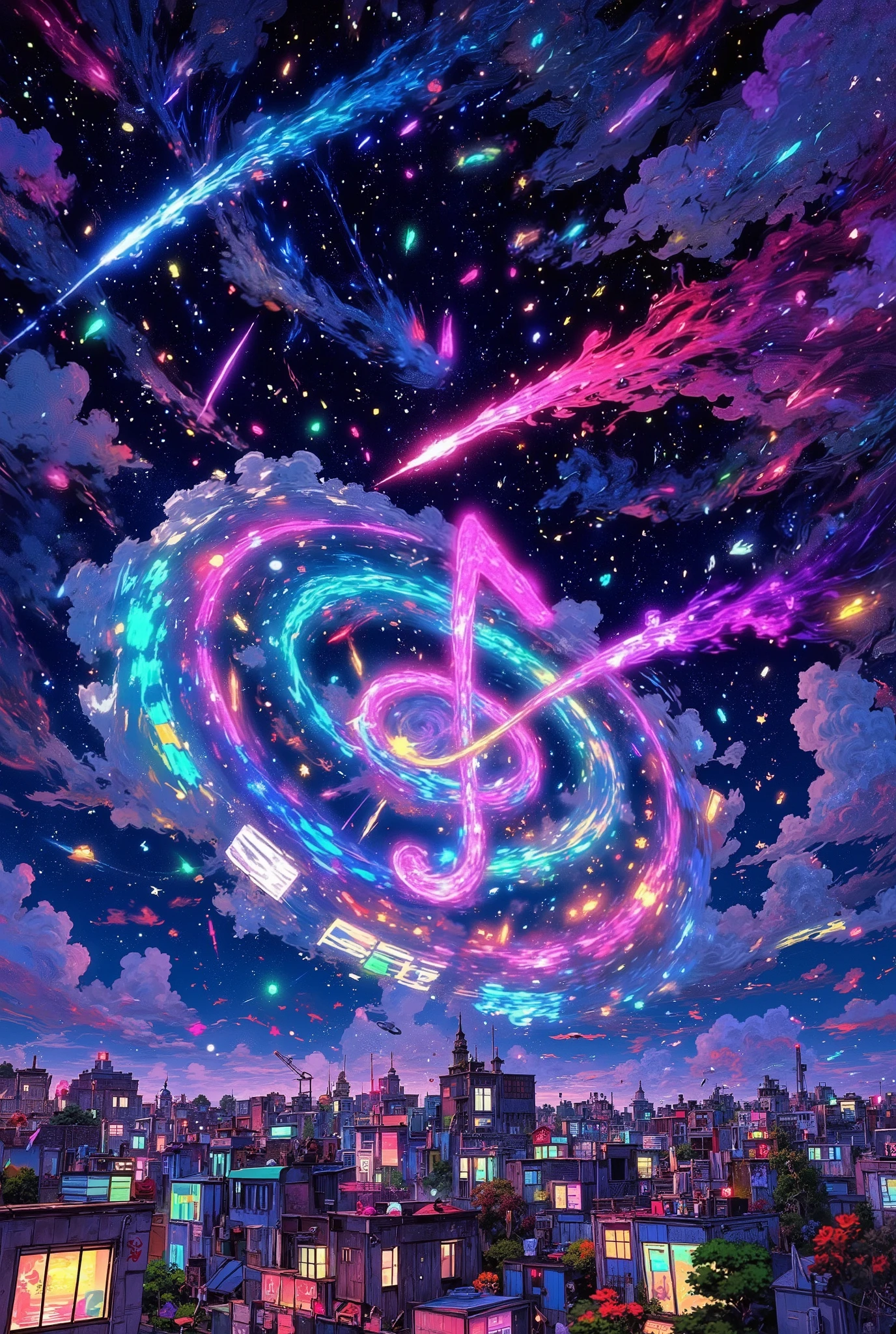 (The visualized musical note symbol:1.3), Extremely beautiful end of the world scene, Break through beautiful clouds, Hundreds of ridiculously beautiful, colorful meteors are next々swirls with, The sky is beautifully spread out in unusual bright colors, A vibrant and orderly city , Highly dynamic and dramatic animation , A number of beautiful and vivid meteorites are next