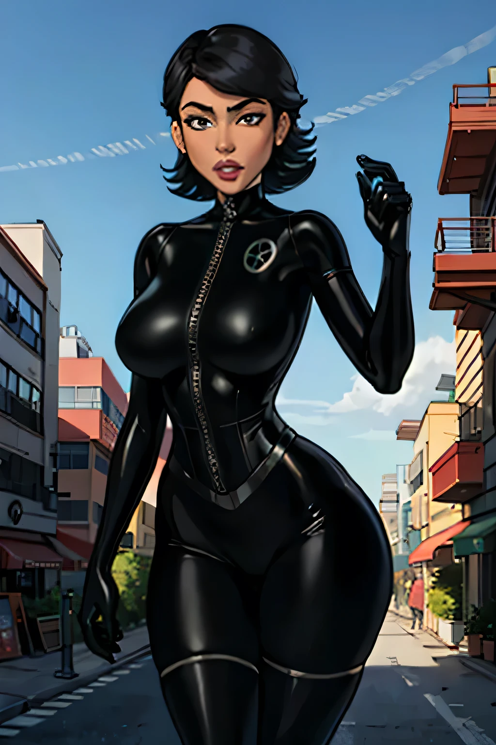 (top-quality: 1.3), (masterpiece: 1.3), (Super Detail: 1.3), (wall-paper, one girls: 1.1)、(Detailed hands and fingers:1.2)、(Detailed ultra-oily shiny skin:1.1)、(Black Full Body Rubber Suit:1.5)、Brown hair、a short bob、Beautiful sister、(Buildings:1.2)、nighttime scene、(Beautiful Large Breasts:1.3) 、sexypose、is standing、dance、ssmile