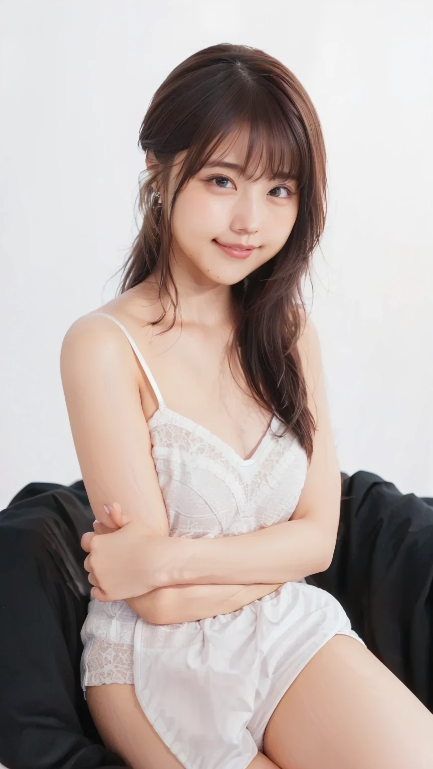 japanese model,selfie, Young sensual,young and cute, realistic,real sensuality,Sophisticated, beautiful asian girl, white wall background in the room,selfie,C cup,cleavage,light pink lace camisole,with a single-lens reflex camera