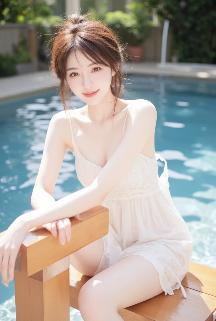 4K Ultra Resolution、Beauty、One Woman、Dark Brown Hair:1.1、Highly detailed face、Lips detail、important、(Eyes meet)、double eyelid、Princess Eyes、Beautiful Japanese Women、Beautiful Japanese Women、Sensual lips、Bewitching body、Bust size 82、Standing in an exciting pose facing forward with natural body balance、20th Generation、(21 years old)、far and near method、 A meticulous Japanese woman、Dress、Wearing a delicate, erotic and stylish white one-piece dress、Hair blowing in the wind、Important(The detailed numbers and shapes of hands)、I can see your chest、Crisp images、The delicate sparkle of the eyes、Outside, people are drinking tea on a small Western-style terrace.、Sit facing forward on a stylish chair、Beautiful breasts with detailed details、color々Hair style、Smiling with a nice smile、