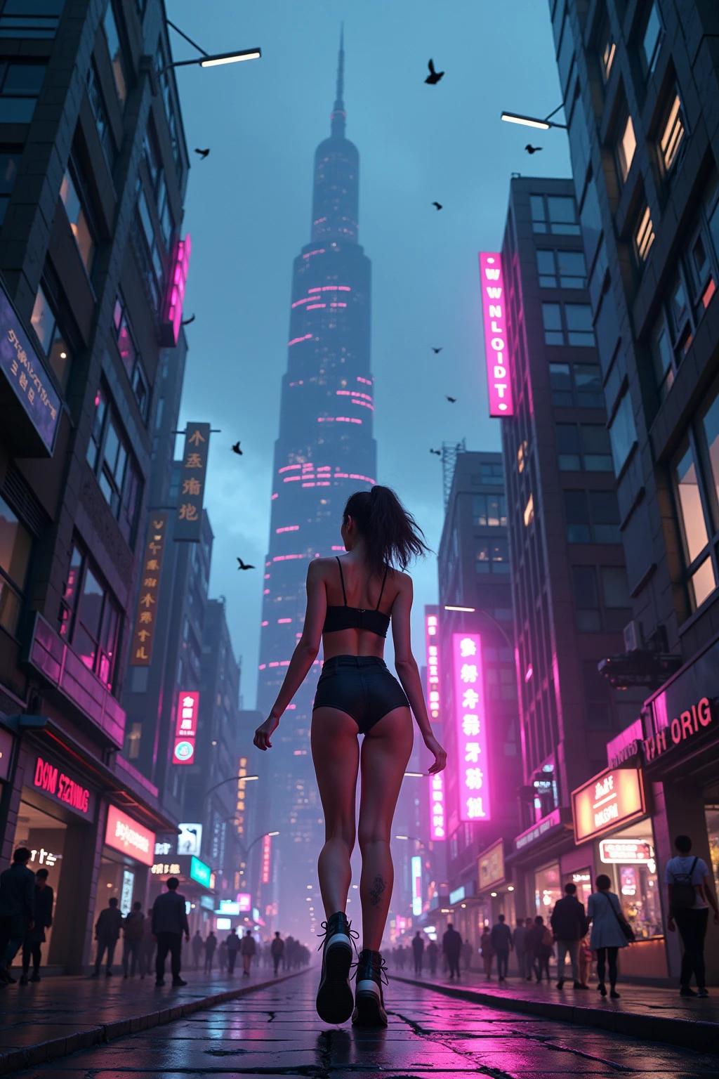 A giant woman in a bikini lying on top of a cyberpunk city, Little guys running around the giant girl, Standing on her hand, cgsociety 9, 2. 5 d cgi fantasy art, engine rendering unreal + a goddess, full body cgsociety, artgerm ; Hyper realistic 3d content, giant art, super detailed 3d matte paintings, super detailed 3d matte paintings, realistic fantasy art, realistic 3 d anime style. Beautiful girl. Big thighs."The boy stood on the top of a high-rise building waving to the girl"