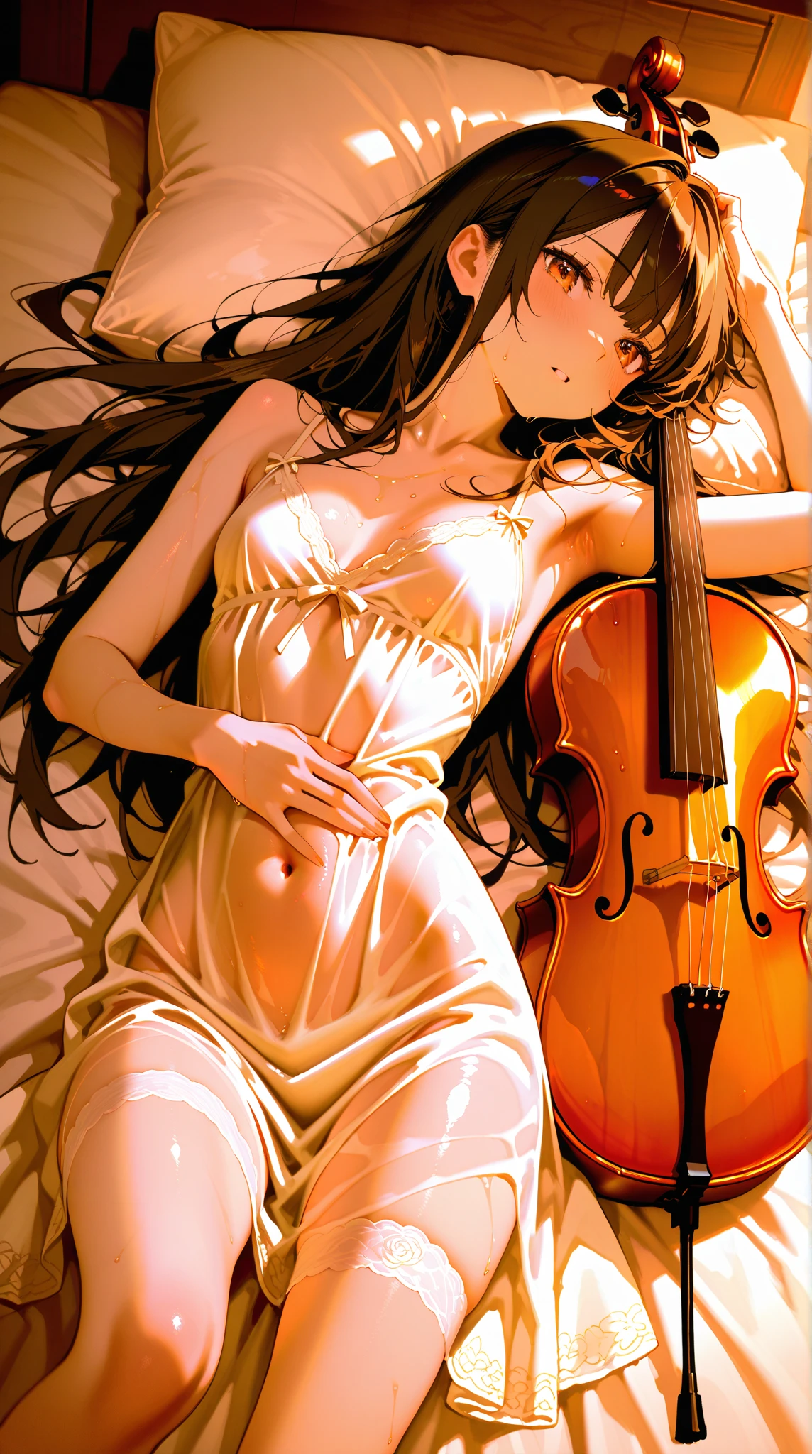 Cute beautiful woman playing piano、In underwear