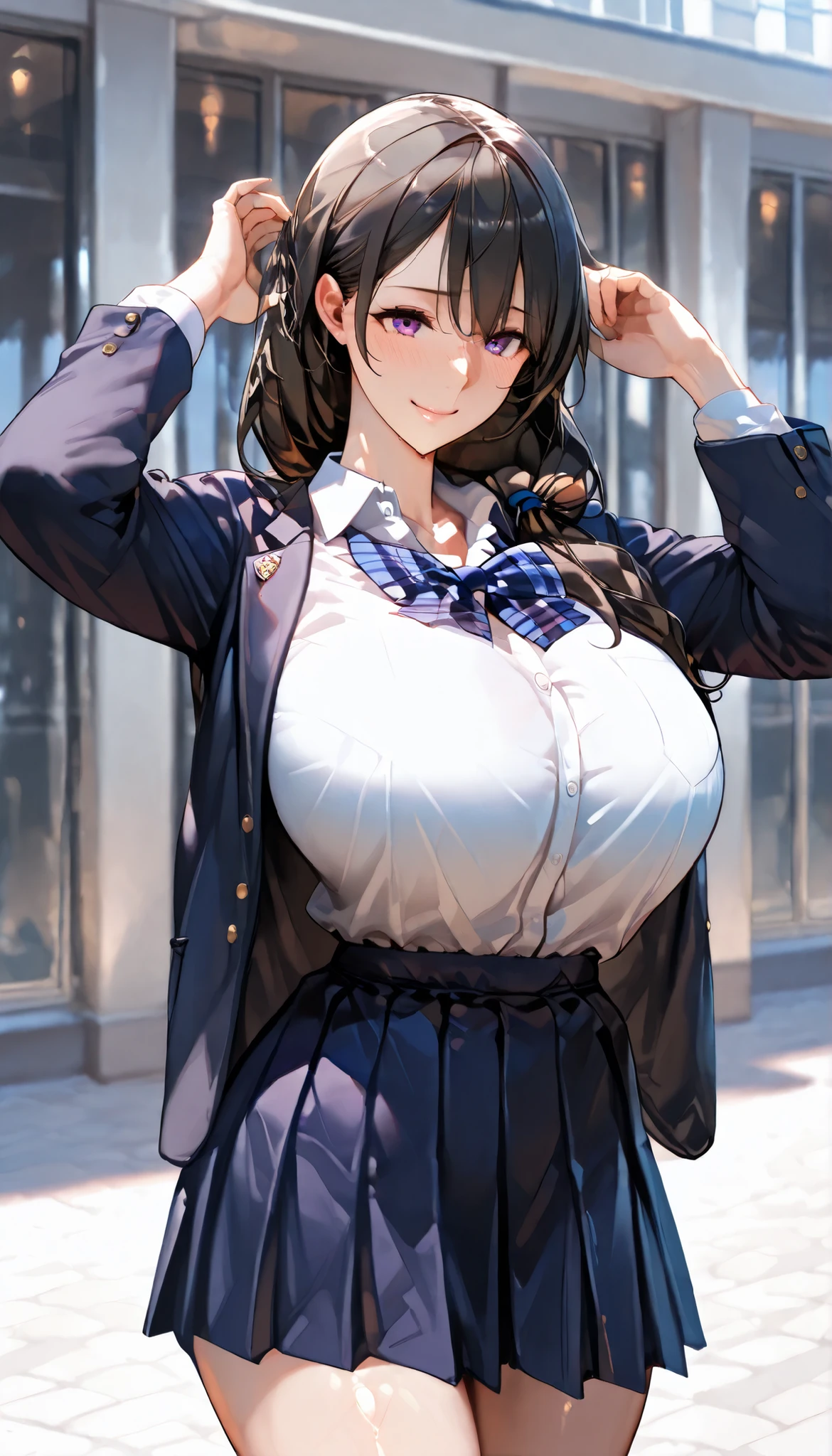 Modern Backgrounds,A female with slim body,huge oppai,shiny skin,(Wearing A loose JK skirt and school uniform),Open Pose,On the street in a residential area,low-tied long hair,light smile,UHD, SOLO, anatomically correct, masterpiece, textured skin, high details, highres, 1080P, 16k, accurate, Beautiful face, Beautiful Nose, Perfect face, Highly detailed beautiful face and eyes, Attractive face, Detailed face, Delicate facial features, Detailed skin,Cowboy shot