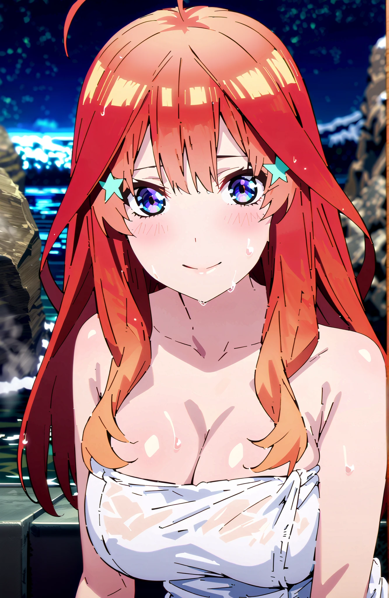 anime screenshot, Anime Coloring, 中野美moon,stupid hair, long hair, blue eyes, red hair,Big Breasts,cleavage,partially sunk, naked towel, exposes shoulders,wet hair,wet skin,wet towel,rock,snow,smile,blush,mouth,narrows her eyes,Wave,fence,night,moon,Hot Springsの中に座っている,in their 40s looking at viewer,全身
in their 40s outdoors,Hot Springs,
in their 40s (masterpiece:1.2), best quality, high resolution, Unity 8Kの壁紙, ( illustration :0.8), (beautiful detailed eyes:1.6), very detailed face, perfect lighting, very detailed CG, (perfect hand in h, perfect anatomy),
