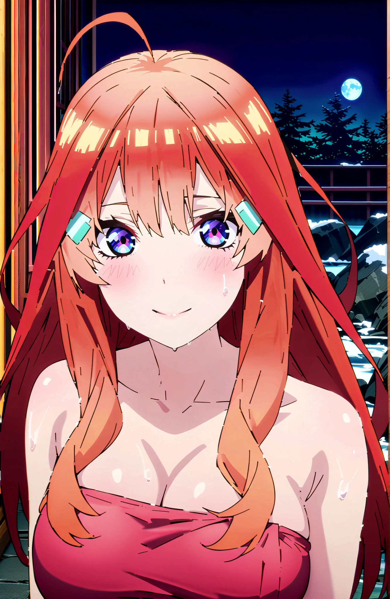 anime screenshot, Anime Coloring, 中野美moon,stupid hair, long hair, blue eyes, red hair,Big Breasts,cleavage,partially sunk, naked towel, exposes shoulders,wet hair,wet skin,wet towel,rock,snow,smile,blush,mouth,narrows her eyes,Wave,fence,night,moon,Hot Springsの中に座っている,in their 40s looking at viewer,全身
in their 40s outdoors,Hot Springs,
in their 40s (masterpiece:1.2), best quality, high resolution, Unity 8Kの壁紙, ( illustration :0.8), (beautiful detailed eyes:1.6), very detailed face, perfect lighting, very detailed CG, (perfect hand in h, perfect anatomy),