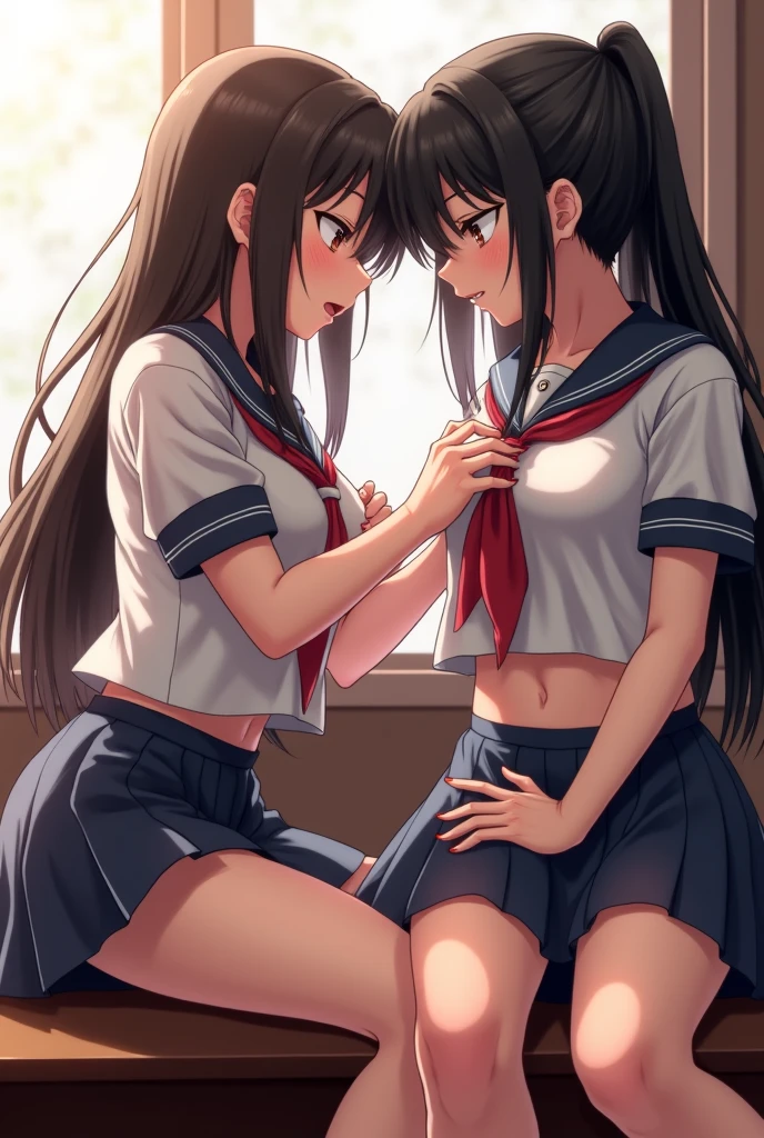 School girl in a school outfit showing abit of her tummy raping and aggressively kissing and hugging another girl wearing a school outfit showing abit of her tummy