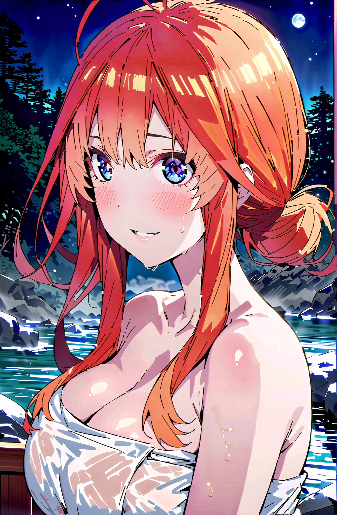 中野美moon,stupid hair,side lock,Nape,single bun hair,blue eyes, red hair,Big Breasts,cleavage,partially sunk, naked towel, exposes shoulders,wet hair,wet skin,wet towel,rock,snow,smile,blush,mouth,narrows her eyes,Wave,fence,night,moon,Hot Springsの中に座っている,in their 40s looking at viewer,全身
in their 40s outdoors,Hot Springs,
in their 40s (masterpiece:1.2), best quality, high resolution, Unity 8Kの壁紙, ( illustration :0.8), (beautiful detailed eyes:1.6), very detailed face, perfect lighting, very detailed CG, (perfect hand in h, perfect anatomy),