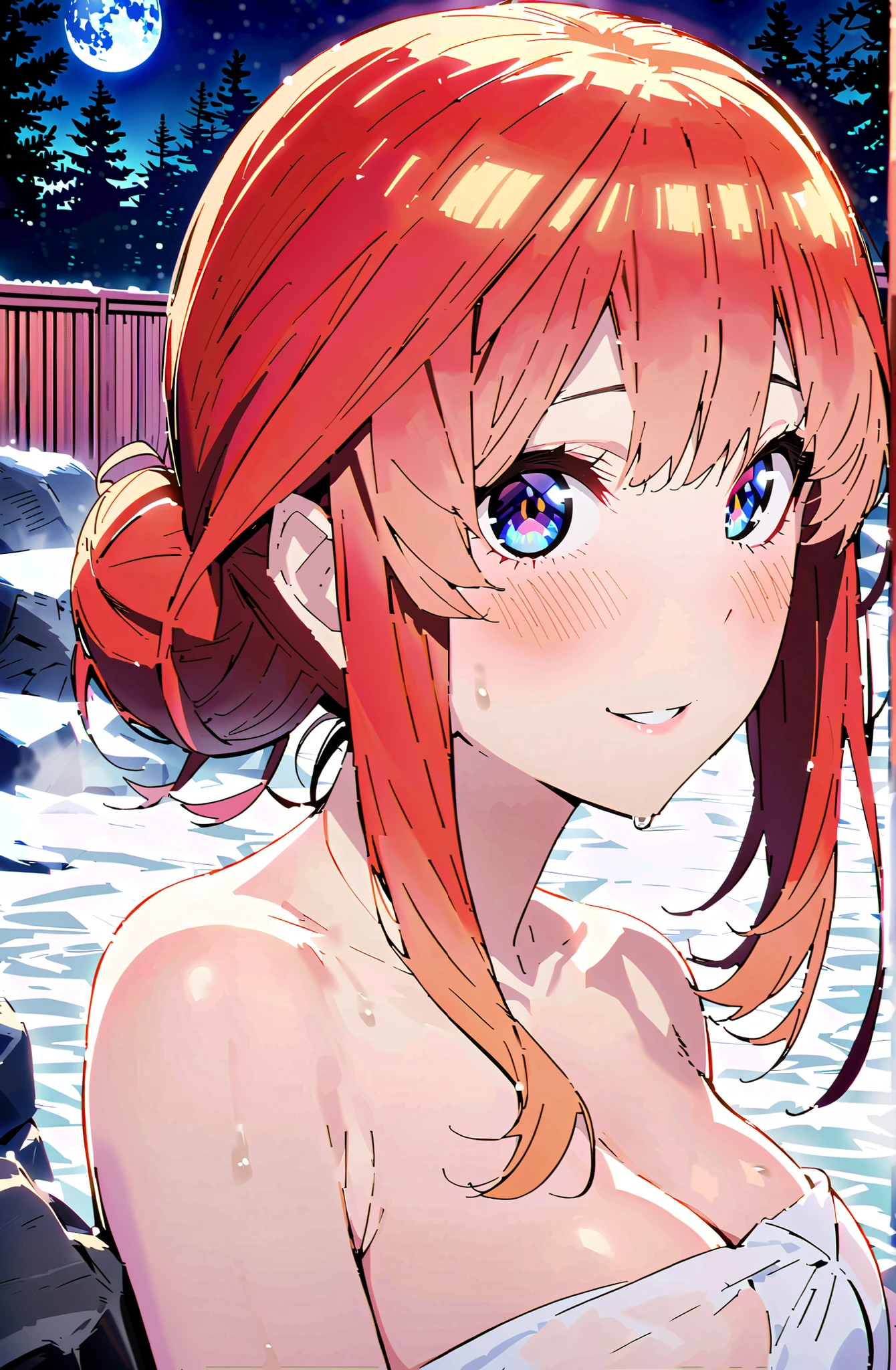 中野美moon,stupid hair,side lock,Nape,single bun hair,blue eyes, red hair,Big Breasts,cleavage,partially sunk, naked towel, exposes shoulders,wet hair,wet skin,wet towel,rock,snow,smile,blush,mouth,narrows her eyes,Wave,fence,night,moon,Hot Springsの中に座っている,in their 40s looking at viewer,全身
in their 40s outdoors,Hot Springs,
in their 40s (masterpiece:1.2), best quality, high resolution, Unity 8Kの壁紙, ( illustration :0.8), (beautiful detailed eyes:1.6), very detailed face, perfect lighting, very detailed CG, (perfect hand in h, perfect anatomy),
