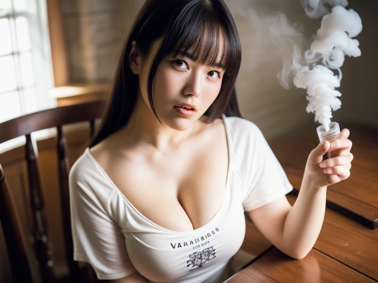 a school girl titty fucking a penis, titty fuck, the penis is in between her breasts, penis being squeezed by breasts, on the bed, pigtails, piercings, pain, agony, korean, smoking cigarettes, sucking very hard on cigarette, the cigarette ash is growing very long, the cigarette ash is very long, ash on penis, ash on tits