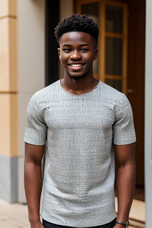 ((super realistico)) African male model 25 years old smiling at the camera. Wearing a simple white t-shirt. Photo taken in a city with a blurred background