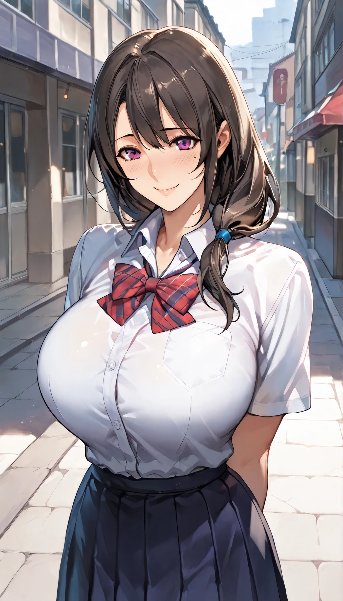 Modern Backgrounds,A female with slim body(older girl),huge oppai,shiny skin,(Wearing A loose JK skirt and school uniform),((Arms behind back)),On the street in a residential area,low-tied long hair,light smile,slightly tilted forward,UHD, SOLO, anatomically correct, masterpiece, textured skin, high details, highres, 1080P, 16k, accurate, Beautiful face, Beautiful Nose, Perfect face, Highly detailed beautiful face and eyes, Attractive face, Detailed face, Delicate facial features, Detailed skin,Cowboy shot