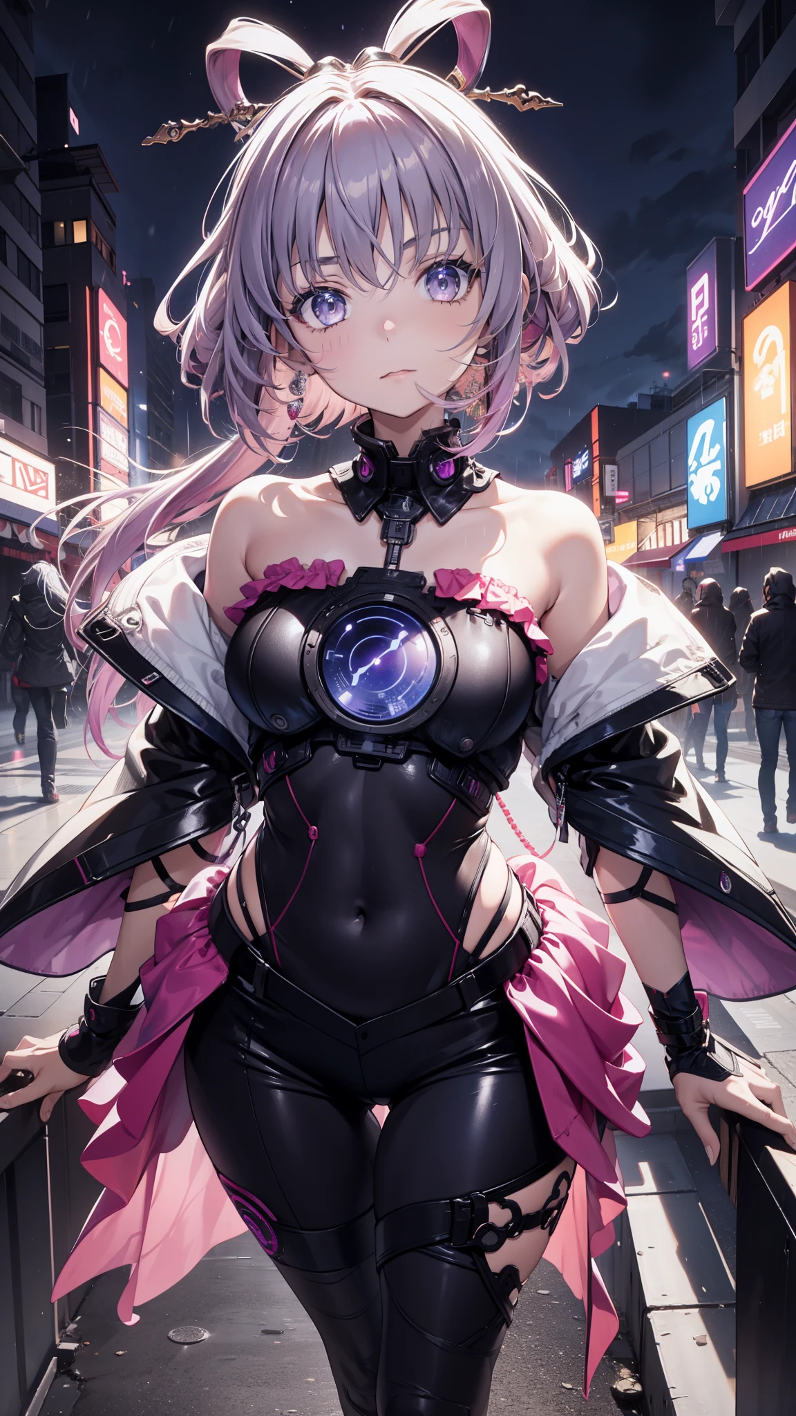 portrait, 1 girl, pretty face , asymmetrical hair, Colorful hair, sash, Bodysuit , Cover your mouth, cover navel , separated sleeve , grey eyes , hip vent , Slit Jacket, charming, watching the audience, Night City, neon, rain,