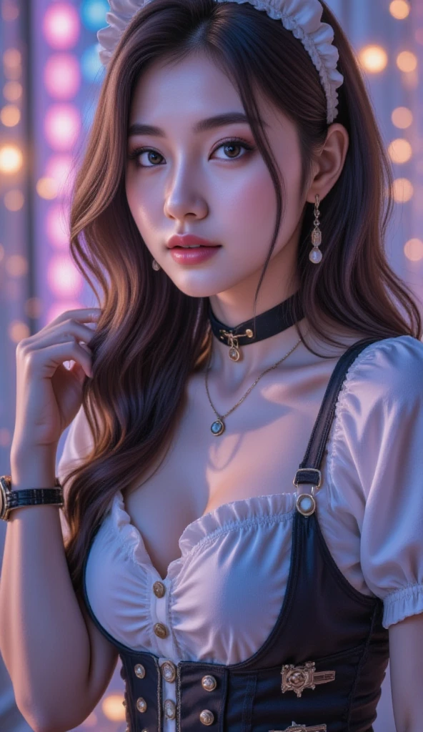 The back of a pale woman with long curly brown hair, Griffindo Witches, freckle, choker necklace (Dark color dress:1.1) (massive breasts:1.2), (holding a wand:1.1) (black eyeshadows), (Evening city neon in the background), (That hand was on her, (character  design：greg rutkovsky、ilya kuvshinov and artgerm:0.5), (Naughty smile:1.1), (Focus on the eyes), Key light, (Natural light), Soft focus, Harry Potter photography, (Visible pores:0.3) (highdetailskin:0.9), 4K high quality,
(full body:1.2),