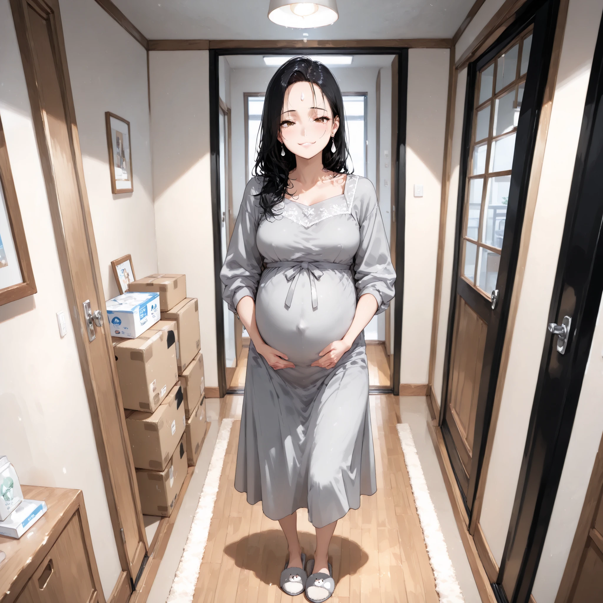 Pretty women,eight months pregnant, shoulder length hair, black hair, hazel eyes, hair a tiny bit messy, soft smirk, (long gray ankle length dress), cute slippers, teardrop earrings, f cup brest size, inside room( cleaned empty apartment room), (ten boxes packed neatly), (standing) , (wide view) , two bedroom doors in background), (sliding door with balcony in the background), (women wipes swept from forehead with her hand), (4k), (exhausted expression)