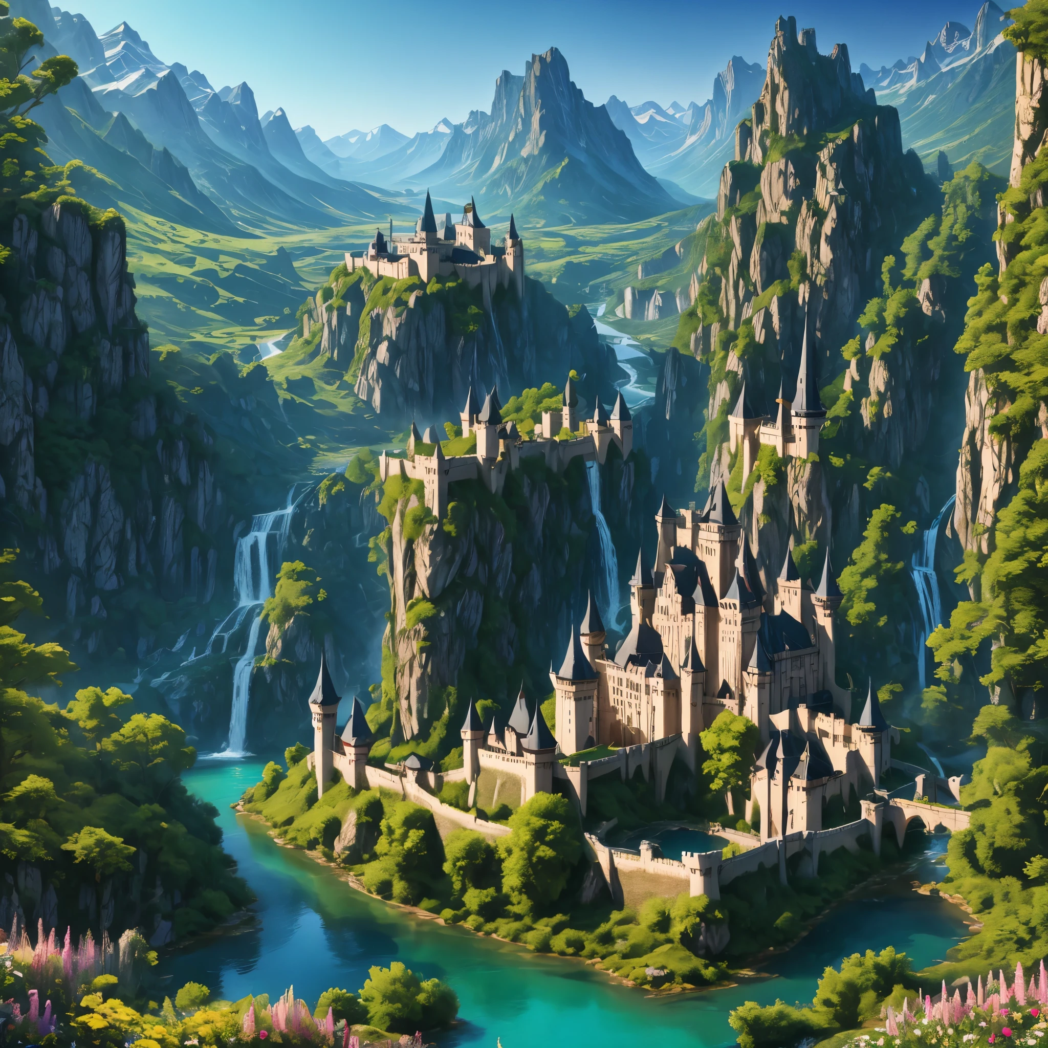 landscape of nature, large forest, lone medieval bridge, lone castle foreground, distant mountains, summer, lone fantasy castle, lively, tiny lake foreground, Analog style, masterpiece, fantasy, (extremely detailed CG unity 8k wallpaper), giant waterfall, intense fog ,award winning photography, Chromatic Aberration, Detailed, trending on ArtStation, trending on CGSociety, art by midjourney, (wide shot:1), (clear blue sky:1), empty sky,