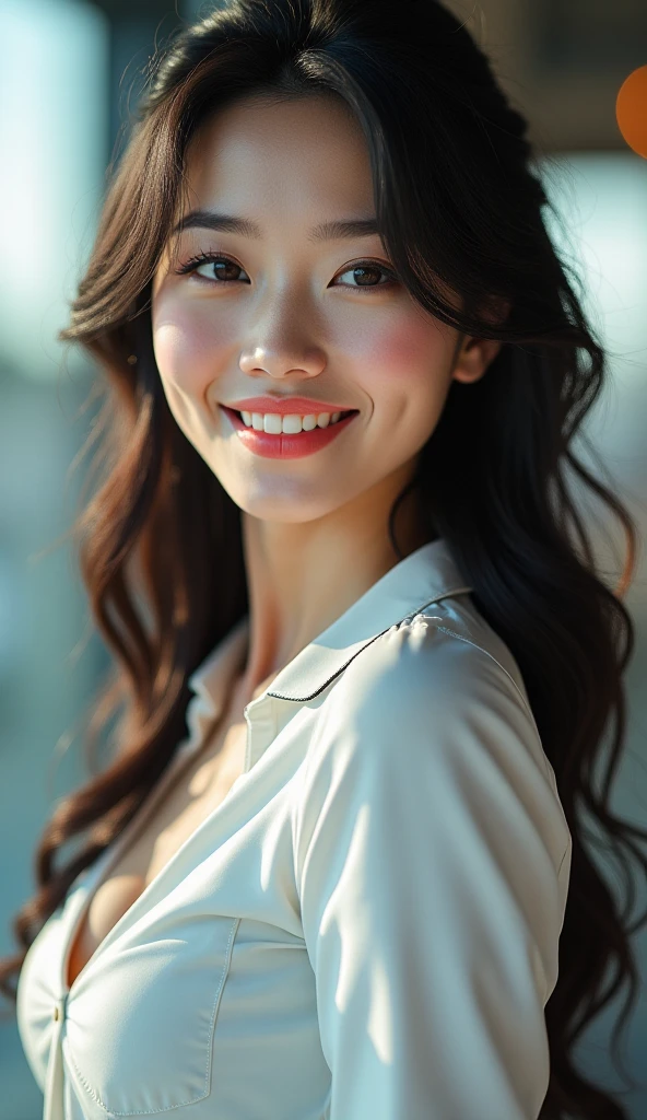 RAW photos, camera gaze, ((top quality, 8k, masterpiece: 1.3)), sharp focus: 1.2, white shirt, pretty features, best smile, cute smile, beautiful woman in perfect style: 1.4, slender abs: 1.2, dark brown hair, (natural light, city street: 1.1), highly detailed face and skin texture, detailed eyes, double eyelids