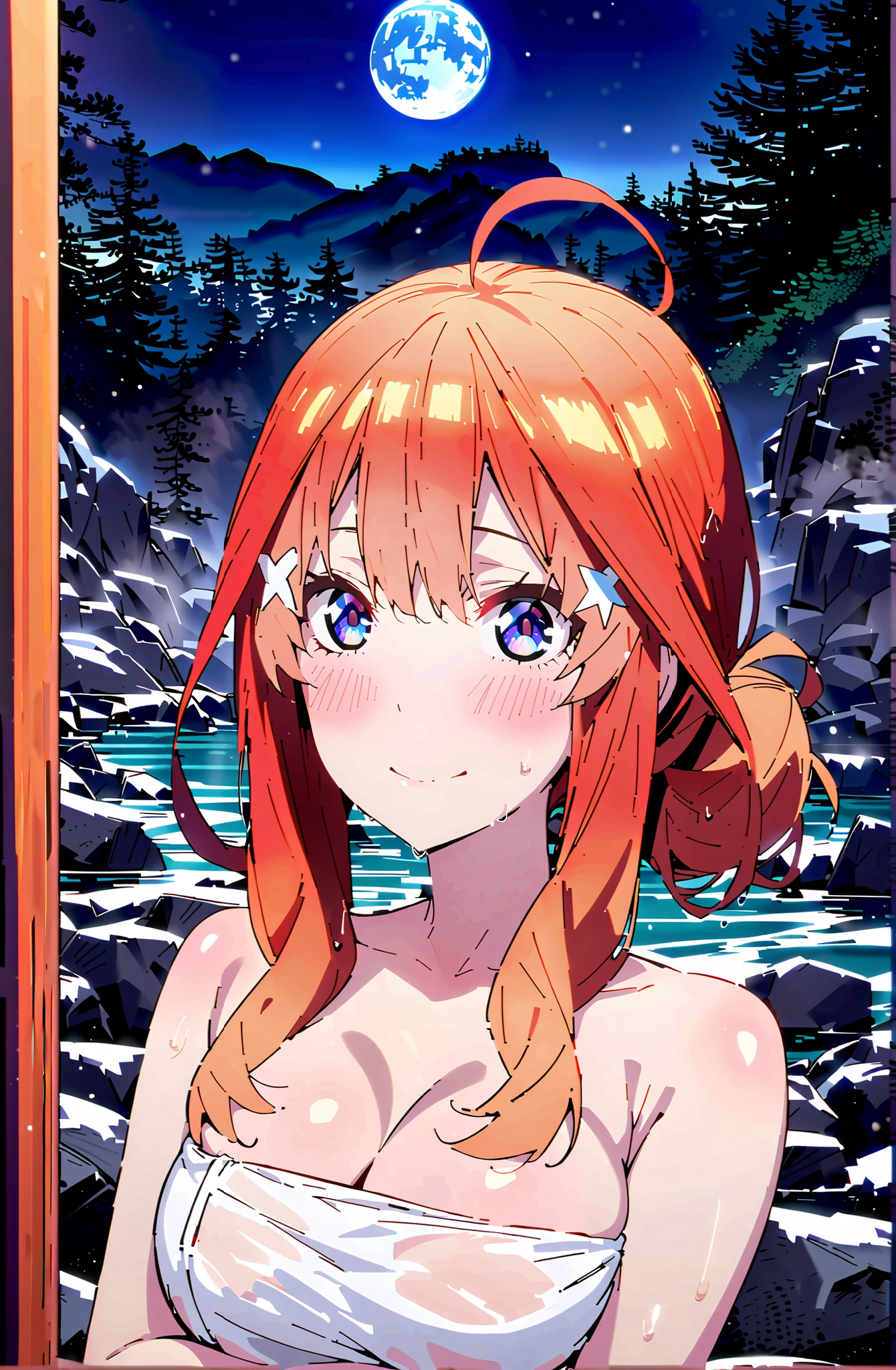中野美moon,stupid hair,side lock,Nape,single bun hair,blue eyes, red hair,Big Breasts,cleavage,partially sunk, naked towel, exposes shoulders,wet hair,wet skin,wet towel,rock,snow,smile,blush,mouth,narrows her eyes,Wave,fence,night,moon,Hot Springsの中に座っている,in their 40s looking at viewer,全身
in their 40s outdoors,Hot Springs,
in their 40s (masterpiece:1.2), best quality, high resolution, Unity 8Kの壁紙, ( illustration :0.8), (beautiful detailed eyes:1.6), very detailed face, perfect lighting, very detailed CG, (perfect hand in h, perfect anatomy),