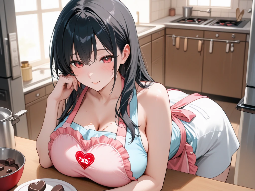(dynamic angle:1.3, front view:1.1, breast focus:1.3, from above:1.1), (dynamic posing:1.2, sexy posing:1.2), (seductive smiling:1.3), ((looking at cake,Taking a cake out of the golden oven, worried about the outcome:1.2)),highest quality、(real、photorealistic:1.4),(ultra high resolution, 8K RAW photo, clear focus), best qualtiy, natural lighting, field depth, (Bright pupils, detailed beautiful eyes, high detailed face), Red lip, (tight focus:1.2), a girl 22yo old, Wearing a pastry chef uniform:1.3 , Thicc, thin breast, long hair, blue eyes,garter stocking, cleavage:1.2, midriff, black shorts, black thighhighs, thigh strap, pretty girl, (highly detailed beautiful face and eyes,firm breasts),real skin,((black,hair,long pony tail hair)),thin pubic hair,cute,lovely, detailed eyes,(double breasted:1.0,under bust:1.0),(with sparkling eyes and a contagious smile),open mouth, Looking at Viewer,A scene of cooking in the kitchen,looking at the golden oven