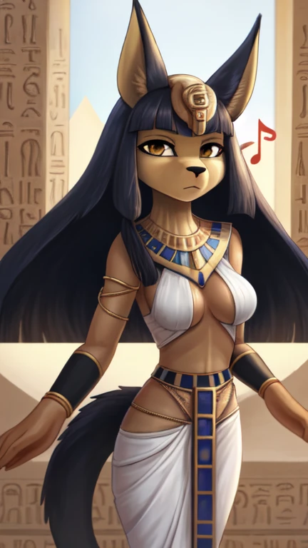 (hi res), ((masterpiece)) , ((best quality)), illustration, 
1girl, anubis, anubian jackal, canid, canine, canis, deity, jackal, mammal, ankh, anthro, black body, black hair, black sclera, black skin, bottomwear, dress, chain, clothing,standing,  egyptian, female, glistening, glistening body, gold \(metal\), gold jewelry, hair, jewelry, loincloth, navel, solo, from below,