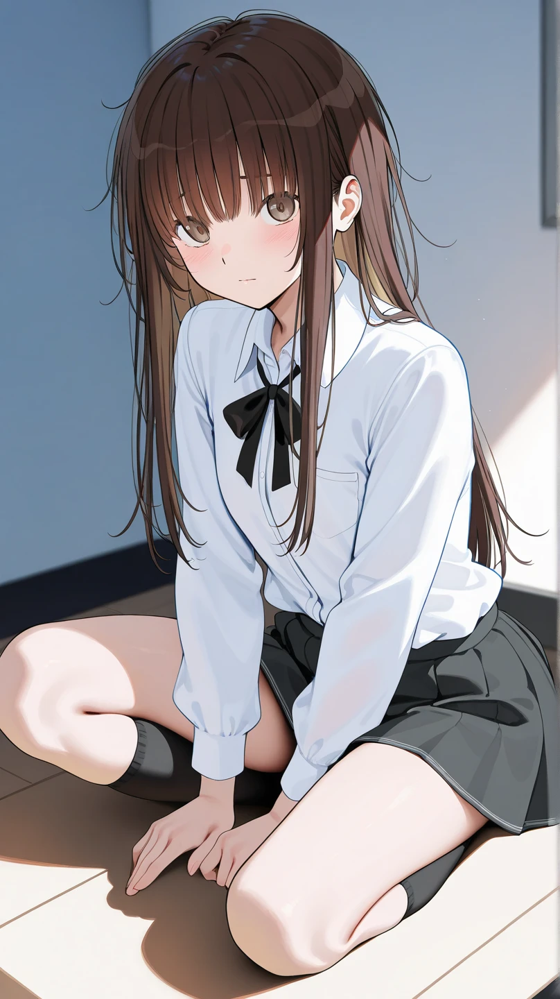 Top quality, masterpiece, High resolution, (Head to toe full body), front, frontやや下からの構図, Symmetric, Tall 18 year old girl, alone, (Head to toe), (Small breasts), Unkempt brown hair, bangs, (black tights), (Black Pantyhose), (Sit with your legs apart), (Crouching pose), (A composition showing white panties), (Her legs were spread、I see your white pants.), (I was made to sit on the floor with my legs spread..), (M-shaped legs), Thin legs, A very beautiful and tall 18 year old girl, (No shoes), blush, Shy big eyes, looking at the camera, Blazer Uniform, Checkered Pleated Skirt