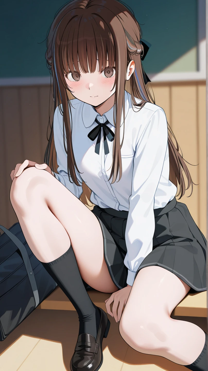 masterpiece, best quality, extremely detailed, anime, NSFW,woman , solo,brown hair, semi-long hair, ((very long skirt)), ((lift up skirt,pussy)), shyness, blushing,standing,in the classroom