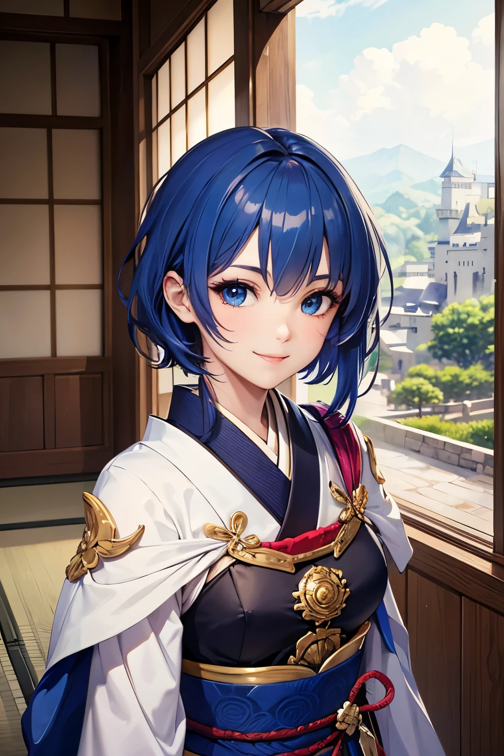 masterpiece, Highest Quality, (Beautiful Women with Attention to Details)1 lady, Japanese Armor, Naginata, blue hair, medium hair, blue eyes, smile, Japanese Castle, YANG-FEATHER BUTTERFLY
