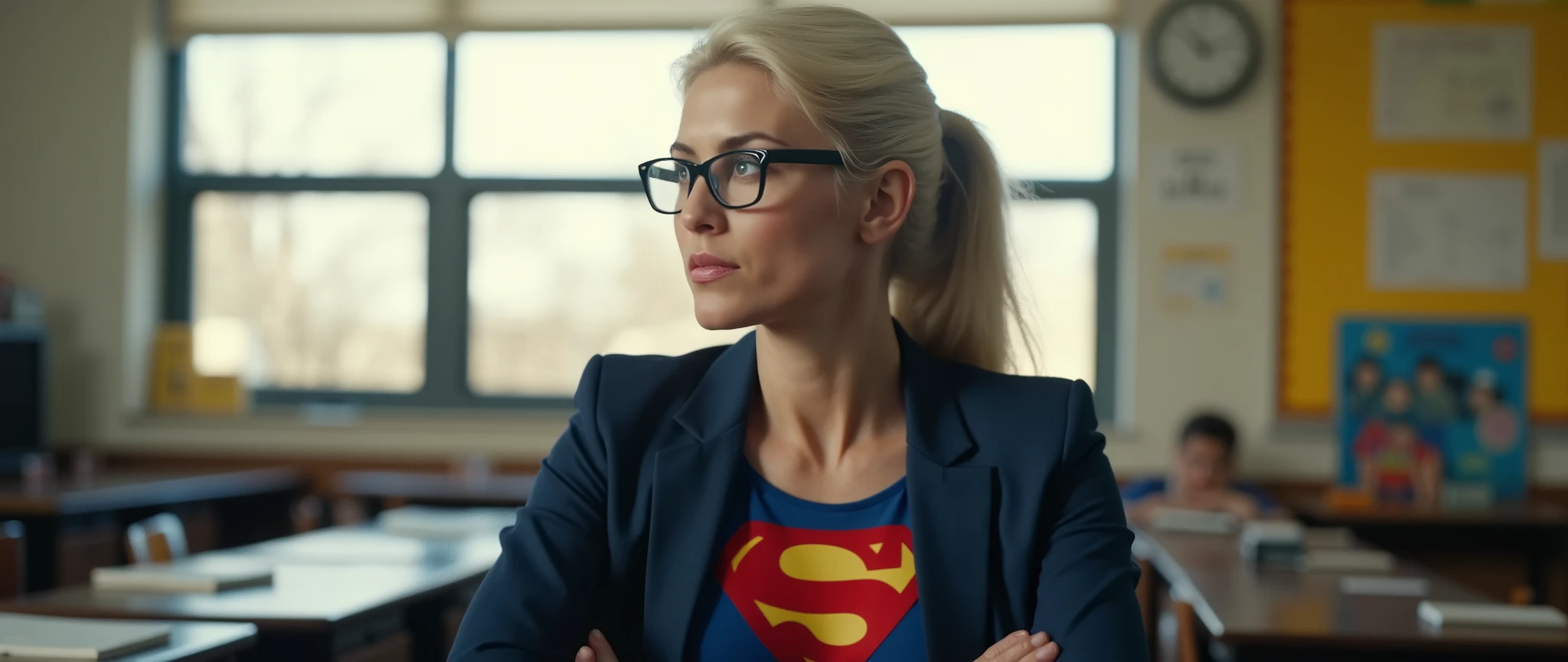 A beautiful 40-year-old teacher looking out the window of her classroom; glasses; hair tied up; large breasts (((white-haired, large-breasted woman in her 40s))); long white/black hair. Supergirl outfit underneath the teacher's uniform. HD photography, ((realism)), very high quality RAW photography, ultra detailed photography, sharp focus, high resolution, (detailed skin : 1.3), high quality, film grain, Fujifilm XT3, highly detailed, film, (Cinematic photo : 1.3) from (Realistic: 1.3);