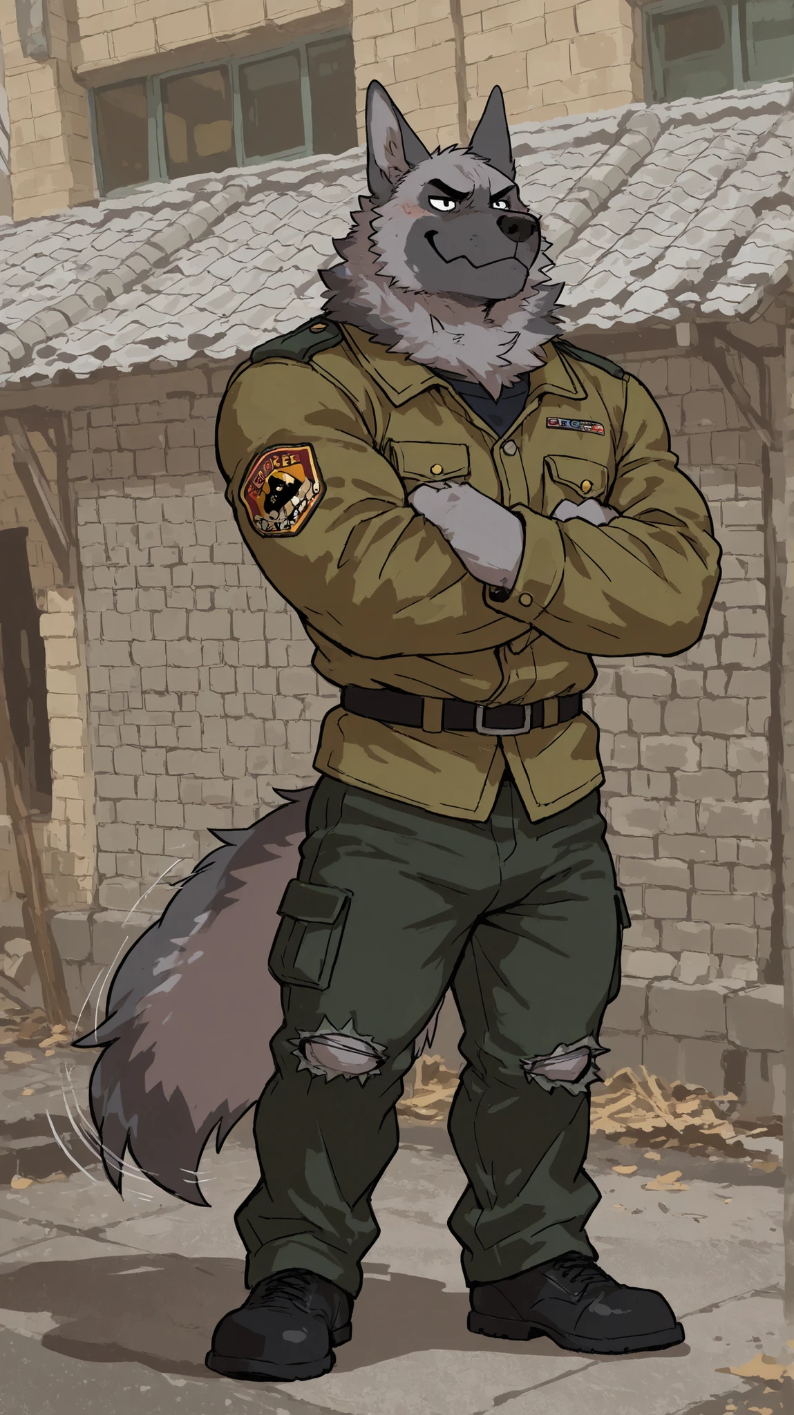 score_9, score_8_up, score_7_up, score_6_up, masterpiece, best quality, amazing quality, very aesthetic, by a cottage, stripes on fur, absurdres, newest, scenery, (heartless, muscular, anthro, dominant, big muscles, 1male, solo, wripped military uniform off, torn military pants, dog cock, dog penis, smug, anthro dog, anthro german shepherd, closed Mouth, happy, tale wag, wagging tale , monster dog, grey fur, detailed black eyes, smith, (sharp teeth), (by woolfie:), wripped military uniform, dog sheath,