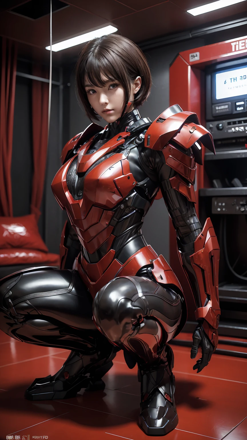 (master part), (highest quality), photorealism, realistic, super detailed, perfect face, perfect body, 1 love, beautiful girl,  Wearing red armor, mechanical armor, exoskeleton, stand, Pose legally, sexy, view from behind