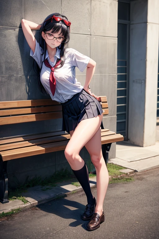 A girl in a garden,feeling the summer sunshine,with black hair,ponytail and wearing a miniskirt,standing with her legs apart,leaning forward,placing both hands on a hydrant. (best quality,4k,8k,highres,masterpiece:1.2),ultra-detailed,(realistic,photorealistic,photo-realistic:1.37),illustration,beautiful detailed eyes,beautiful detailed lips,extremely detailed eyes and face,long eyelashes, cheerful expression, vibrant colors,soft sunlight,Open-chested clothing
