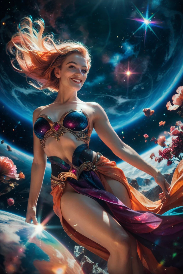 A stunningly ethereal woman, composed of a dazzling array of rainbow hues, lays gracefully on fluffy clouds in the sky. Bathed in dynamic and enchanting rainbow lighting, accentuates her vibrant, full-bodied form. Fantasy art. Masterpiece