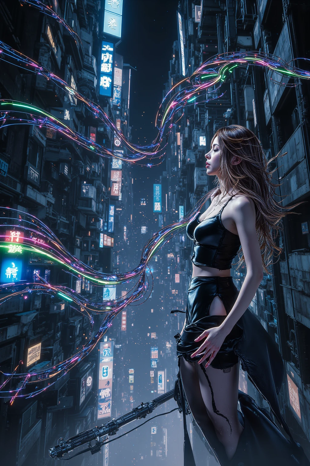 brightly colored abstract image of a space station with a spiral, epic beautiful space scifi, chaotic cinematic space rift, greg beeple, planets colliding, beeple and tim hildebrandt, beeple and jean giraud, end of the universe, galaxy space sci-fi, ringworld, by Mike "Beeple" Winkelmann. Matrix style, (((((Matrix cascading code))))), (((((a futuristic twin tower skyscraper with a unique twisted design))))), (((((OLED GUI interfaces in the building))))), at night, (((((1girl, solo))))), photo realistic, (((large-breast:1.2 slim body, cleavage))), (((off broken mini sling-shirt and black sling bra, extreamly short pleated miniskirt exposing panty))), (((((running pose))))), (((((matrix style black sunglasses))))), ((((((((((aiming with a short gun)))))))))), (((((looking at camera))))), (((very low view))), (((((half-body thigh level medium shot))))), (((cinematic lighting))).