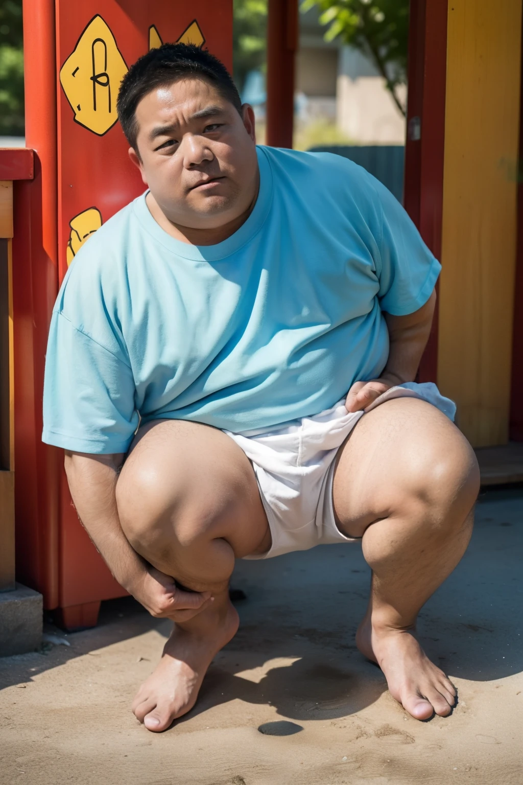 looking at us, Staring Intently, face focus, a fat gentle barbarian:2, This barbarian is a robust stocky Japanese:2, mid combat, leather armor, legs exposed from thighs to feet, fierce, battleground background, masterpiece, volumetric lighting, Dramatic, small penis, He is ejaculating semen, ((ultra sharp)), ((masterpiece)), ((best quality)), ((ultra detailed)), ((intricate details)),