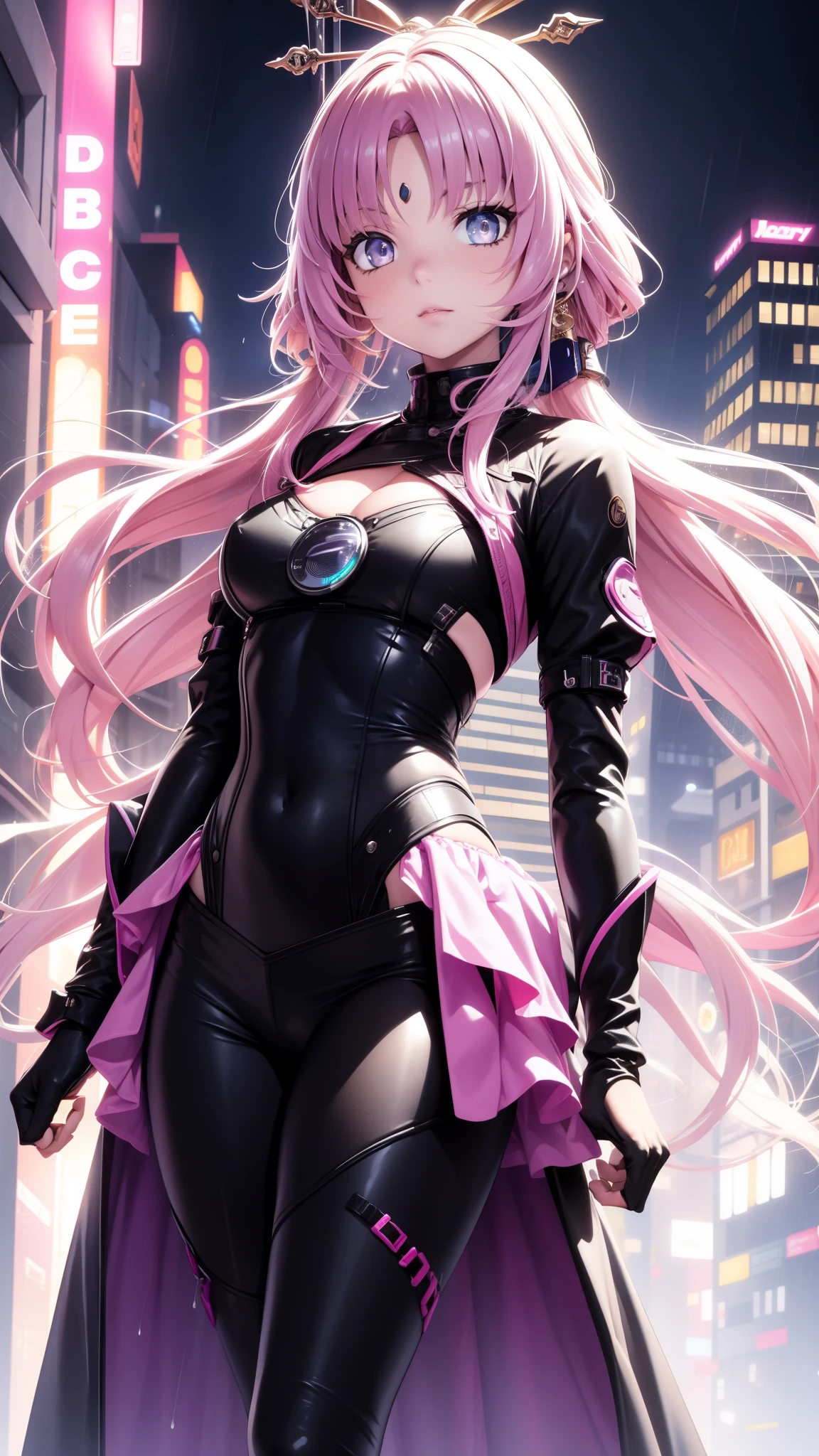 closeup, lala Staline deviluke, alone, [dark blue and pink hair: blue and pink hair:0.2], cyberpunk, high tech, V, mechanical parts, looking at audience, black eyes, long hair, luminous laser female super tech jumpsuit, cyberpunk mechanical body parts, with tattoos, interior, luminous laser earrings. high contrast, night, black, [freckles:0.9], reflective transparent rainbow, long hair, breasts, white skin most beautiful Korean woman's face, seductive expression, (relaxed pose: 1.5), eva, complex background, Sony a6300, extremely beautiful and gorgeous anime illustration, with cinematic perspective，(relaxed pose: 1. 5), eva, complex background, Sony a6300, extremely beautiful and gorgeous anime illustration with a cinematic perspective.