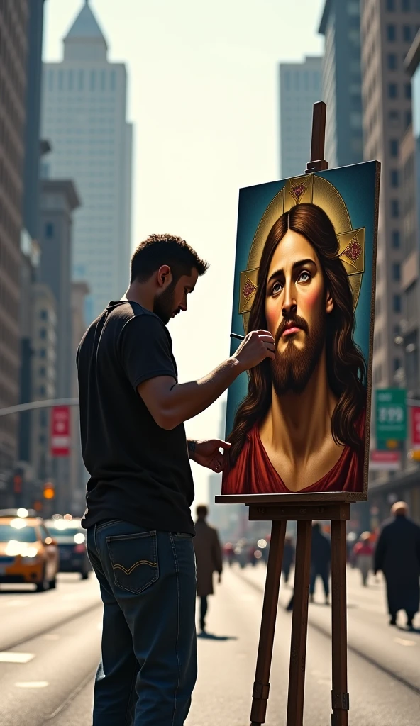 A painter standing in front of he painted that Jesus on the Cross art