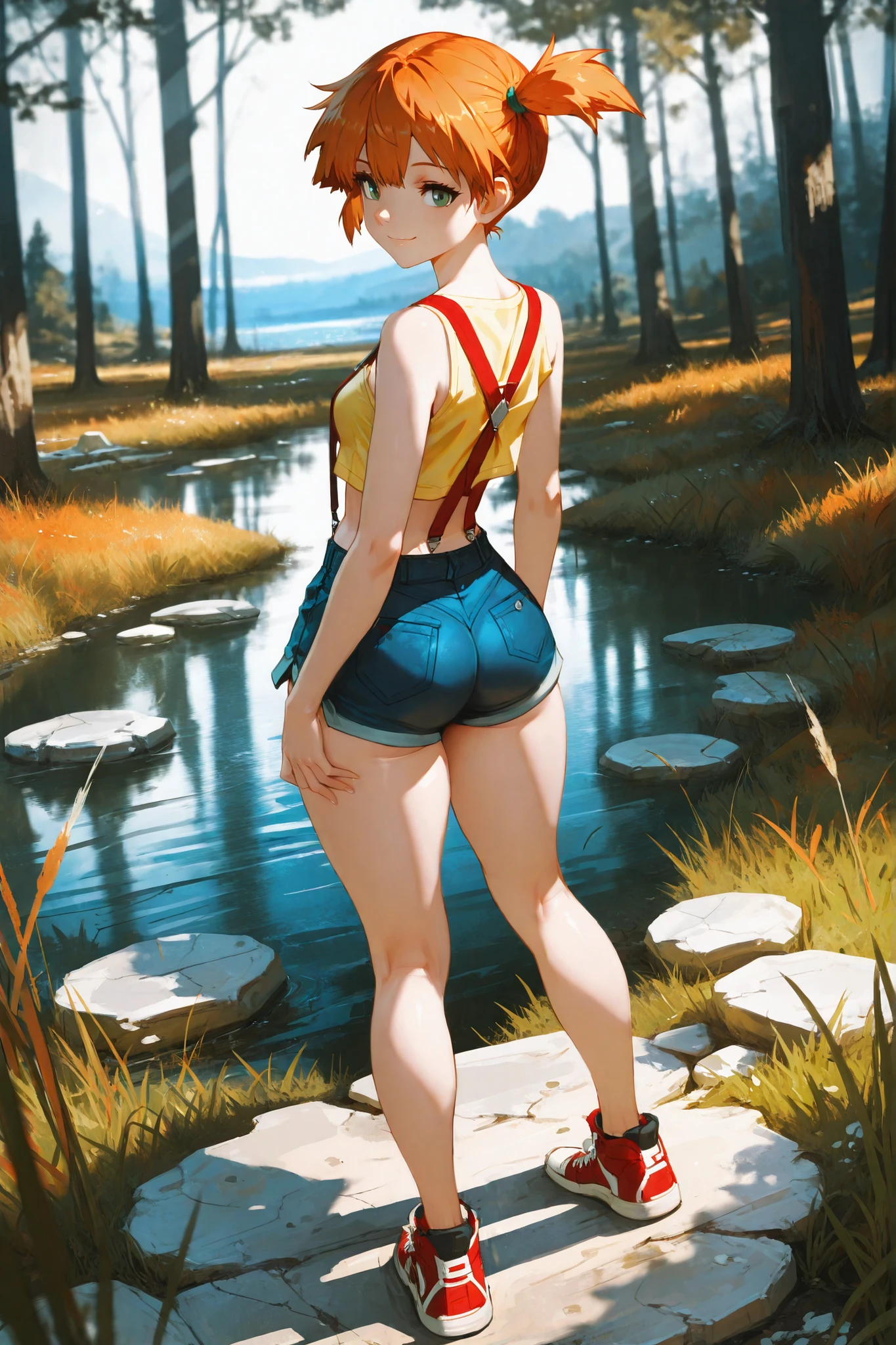 masterpiece, highly detailed, cinematic lighting, hyper-detailed face, intricate textures, stunning composition, perfect anatomy, soft shadows, depth of field, professional digital art, cinematic ambiance, sharp focus, clean and polished rendering), attractive body, small breasts, thick thighs, wide hips, big ass, smooth and radiant skin, soft yet firm body contours, sensual and confident presence,Mit, green eyes, orange hair, bangs, side ponytail, hair tie, short hair, yellow shirt, sleeveless, midriff, red suspenders, blue shorts, red sneakers. A quiet lakeside with calm water, soft grass, scattered stones, and tall trees reflecting on the surface. sexy standing pose, sensual, provocative, playful smile, from behind