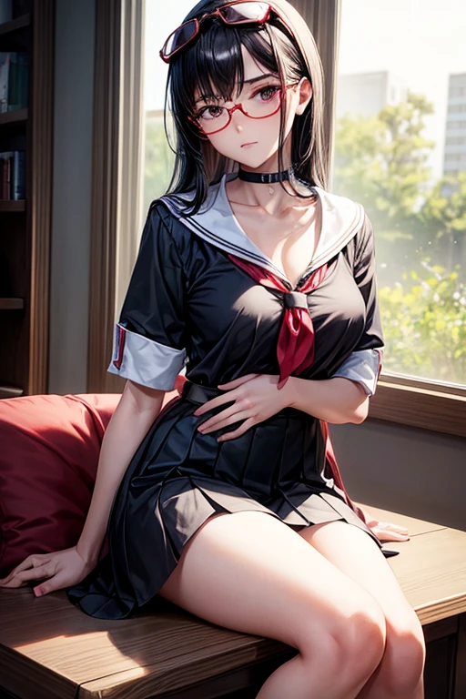 nsfw, Masterpiece, top quality, highly detailed, Beautiful mature girl wearing black frame glasses, long pink  hair ponytail with bangs,Black  uniform with red trim, red tie and thigh-high black stockings