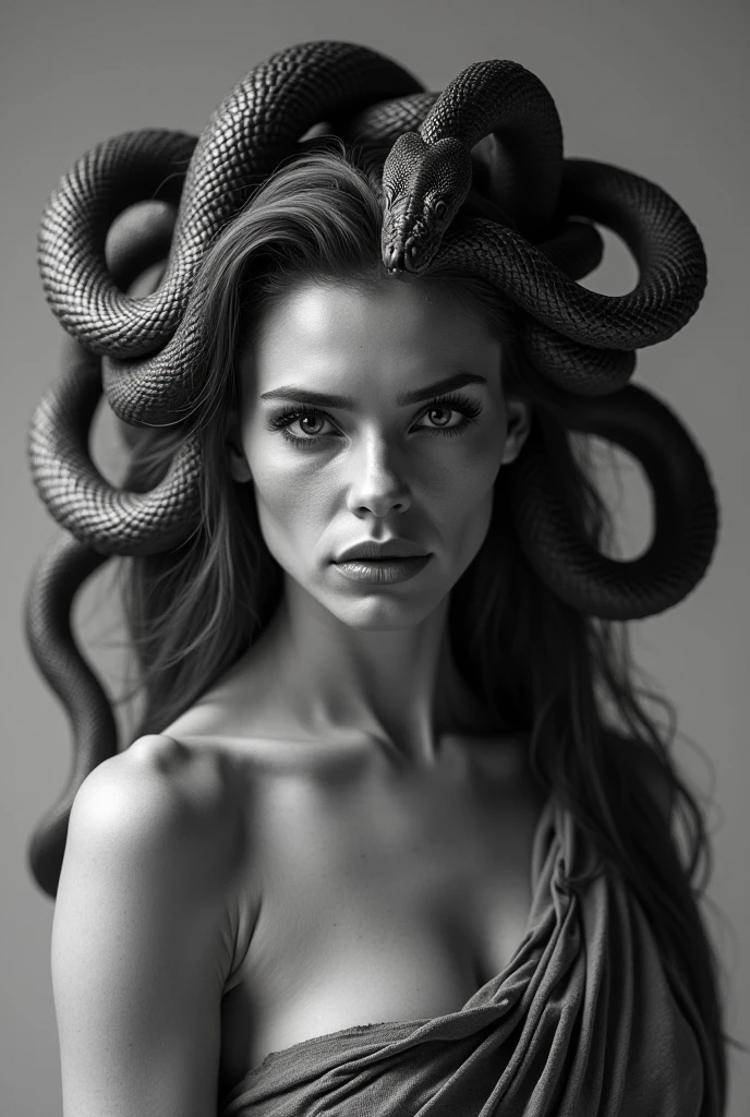 "A hyper-realistic black and white 3/4 view portrait of Medusa from the  up, captured in soft, studio-style lighting. Her face is fierce and tragic, with striking features and intense, cursed eyes. Snakes instead of hair curl around her head in full view, each one distinct and textured. Her shoulders are  or draped in cloth, and her skin carries hints of ancient stone texture. The background is smooth and neutral, heightening her haunting beauty. Greyscale shading, tattoo-style depth, no color. Full uncropped composition, 8k photo-realistic. No borders, no text."