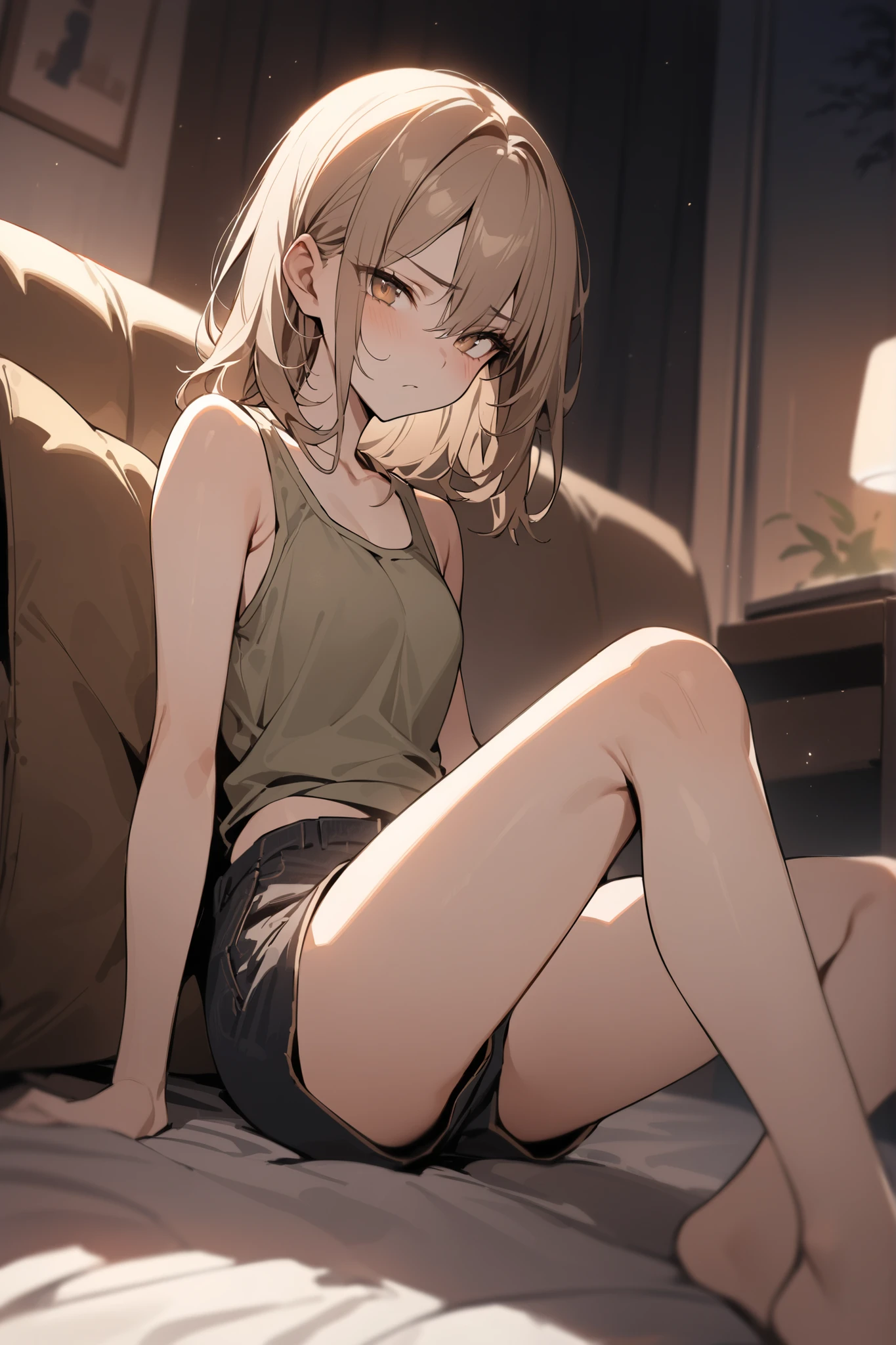 ((masterpiece,Highest Quality:1.2)),cowboy shot with your arm through your sleeve,summer night,Slender, slender female junior high school student sitting on the sofa with her legs spread out in her room,Beautiful Physical Beauty,light brown hair,Perfect brown eyes , tree eyes ,serious expression,Khaki Tank Top,black denim shorts
