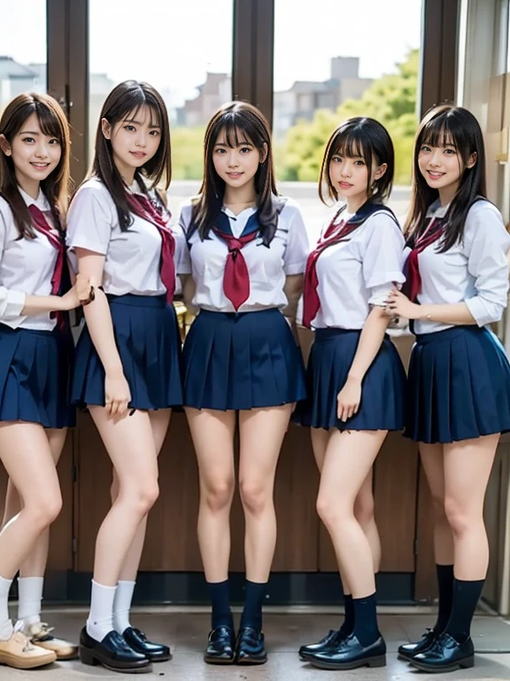 (8K、Raw photography、highest quality、masterpiece:1.2),(black hair:1.5),(Mr..々cute hairstyle、white panties、bob cut、very short hair、ponytail、twin tails:1.4),(6 high school girls、all the girls are so beautiful、wearing school uniform:1.6)、(plaid skirt: 1.2)、(Clothing that emphasizes the shape of your chest、big breasts:1.6)、(Group attendance at school:1.4)、ultra high resolution,(grassland:1.3)、(japanese woman: 1.2),(Photoreal:1.37)、photon mapping,reality、(They all look like idols and are cute: 1.7)、(cute smile: 1.7)、(round face: 1.8)、(baby face: 1.2)、radio city、Physically based rendering、depth of field rally background、photograph, (Wearing a skirt that is too short: 2.0)、((super mini skirt、her skirt is short、white pantiesが見えています..:1.4)),(all wearing very short skirts、angle from below、Thighs look beautiful: 1.5)、whole body、super fine、((show off panties:1.4)),(6 high school girls lift up the skirt:1.39)、A girl with an extremely cute young face:1.2、thin body,thin legs,(very small face),(NSFW:1.15)