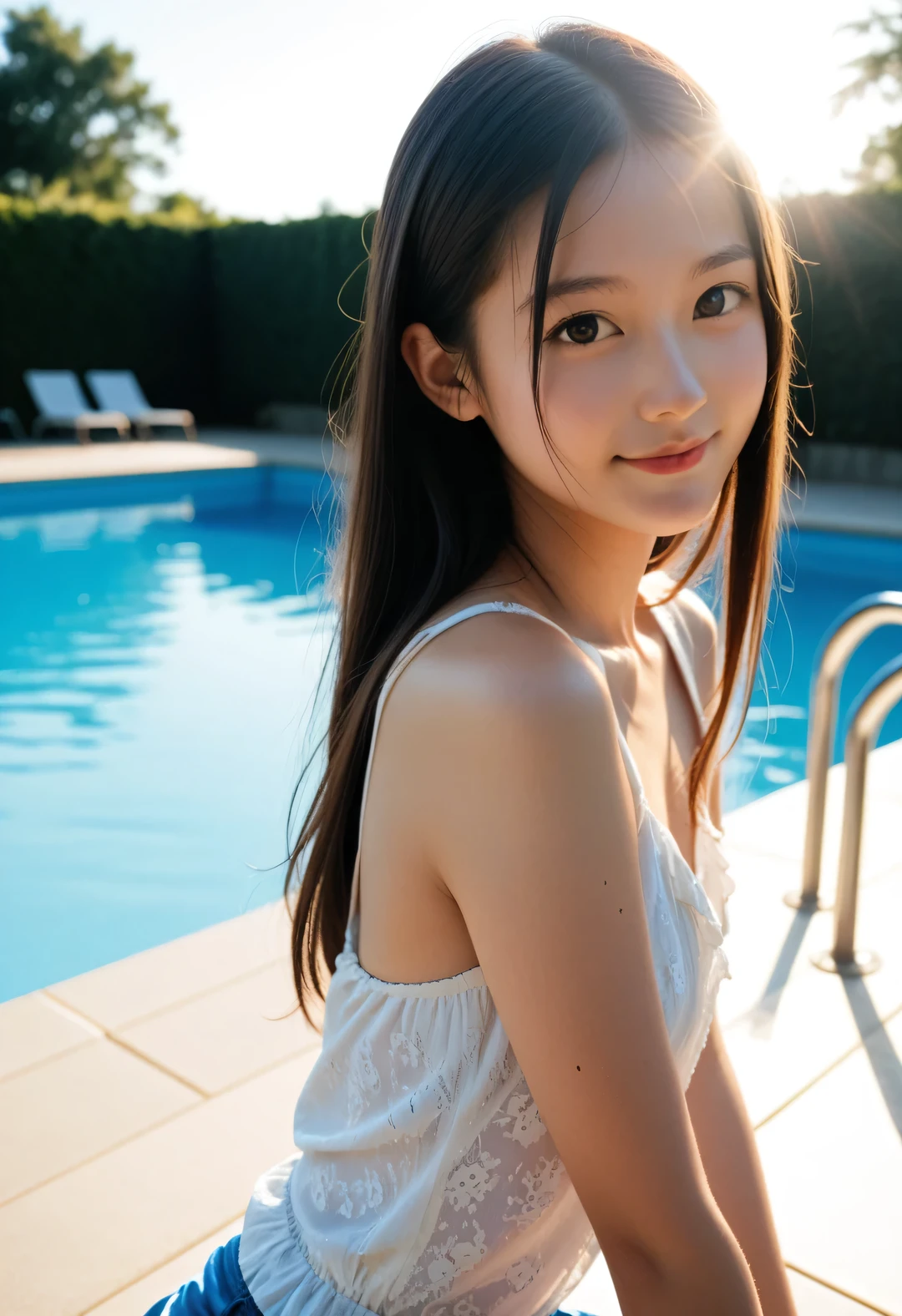 One Girl,Hair is long and straight black,The background is the pool,(:1.7),smile、Thin white tank top、Japanese、high resolution、profile