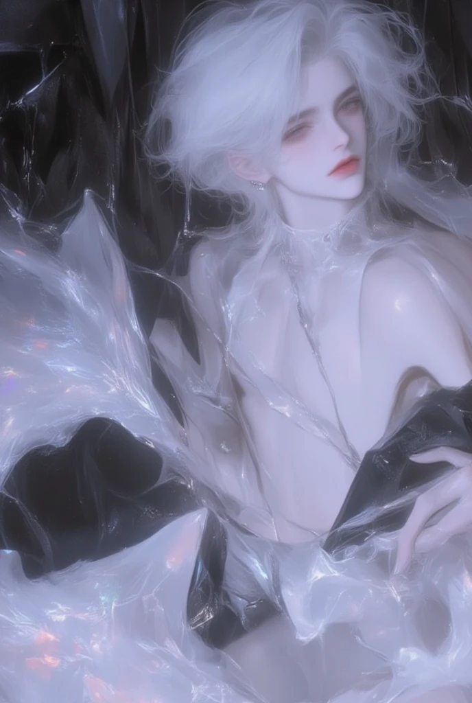 (1 male, dreamlike, albino tall lathy androgynous male Ice Queen, hoarfrost, pristine, precious, fragile beauty, translucent, thin neck, frail shoulders, flat chest, soft belly, male crotch, curvy hips, massive buttocks, his penis is icicle and his testicles are made of ice thus very fragile easy to break and fall off like an icicle and vulnerable to heat, he is immortal while he is cold but he can be shattered like glass and the warmth of love will kill him, pent up, needy, horny. weak stomach, weak bladder)